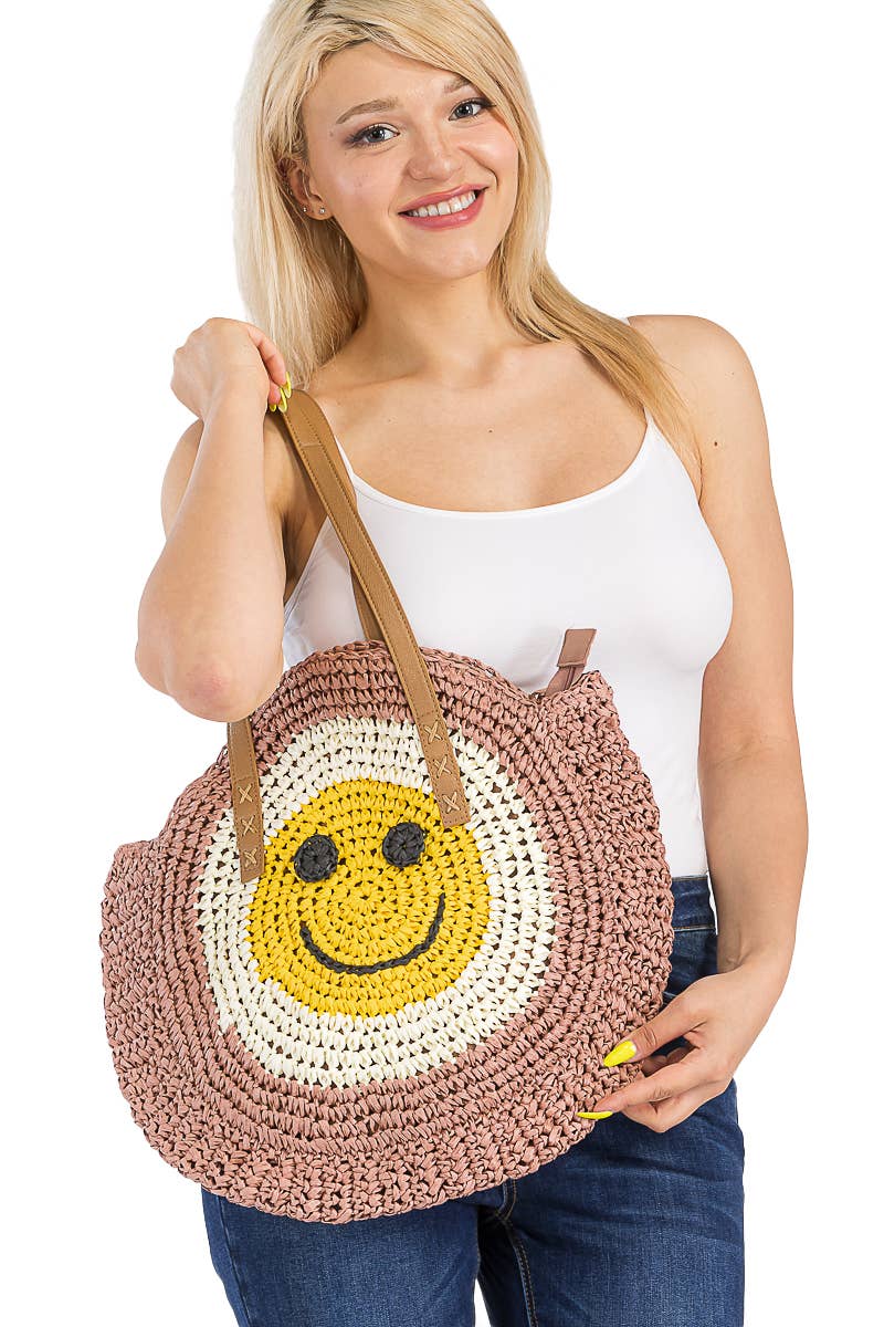 Cap Zone - Vendita all'ingrosso Borsa da spiaggia - Borsa da spiaggia rotonda in rattan con faccina sorridente8