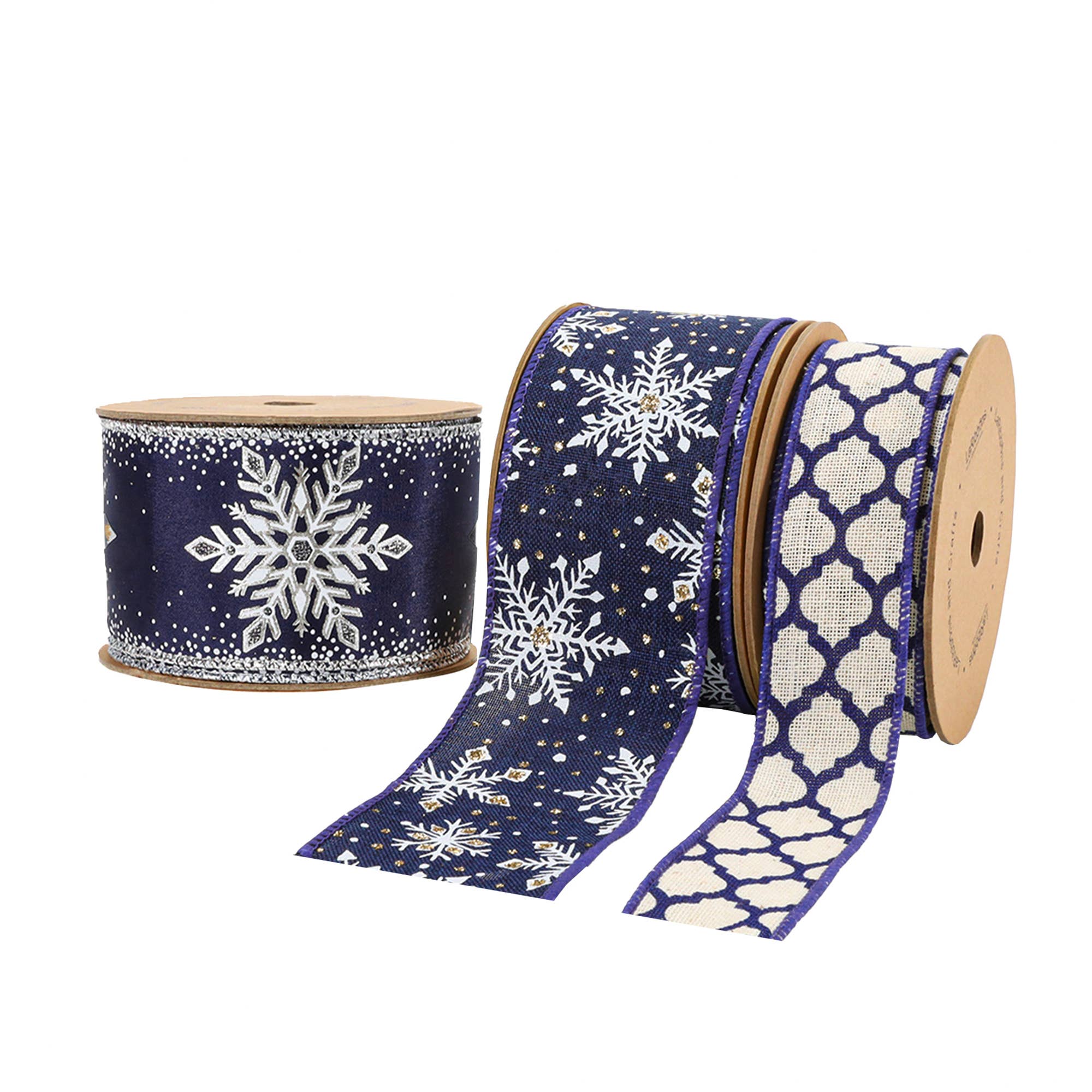 LA Ribbons Wholesale - Vendita all'ingrosso Nastri - Confezione regalo - Nastro cablato da 2 1/2" | "Fiocco di neve glitterato" Blu navy/Argento | Rotolo da 10 iarde4