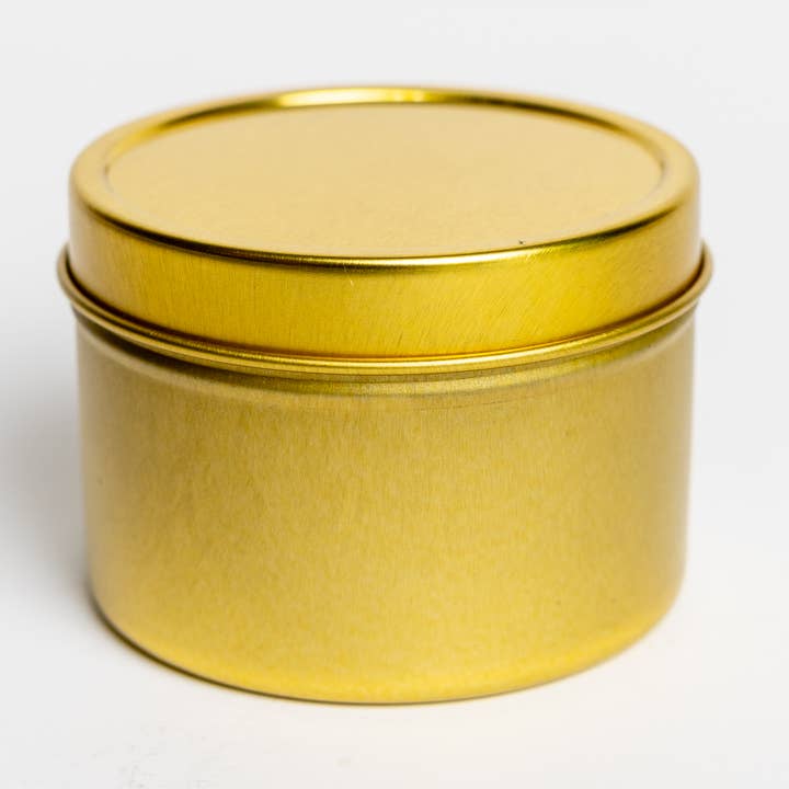 Candela in latta da viaggio in oro da 4 once | Senza etichetta | Etichetta privata per la vendita all'ingrosso da parte di Noir Lux Candle Co