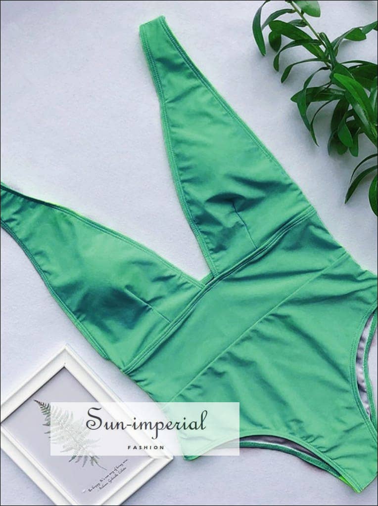 Sun Imperial - Wholesale One Piece Swimsuit - Women's - Women Plain Wine Red One Piece Swimsuit With Deep V Cut5