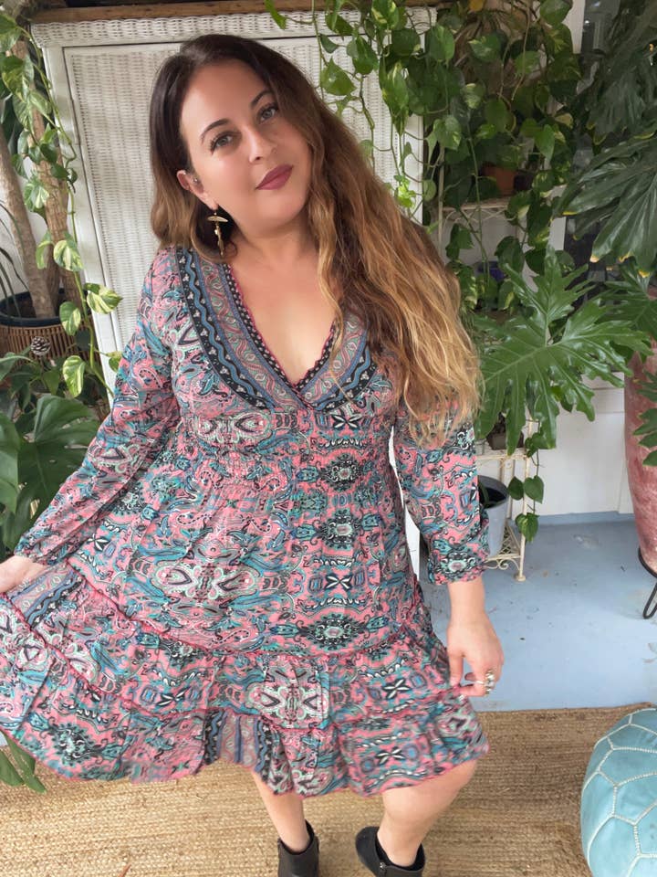 Short two tiered boho dress w/ balloon sleeve (Lt pink) for wholesale by Pink and Silver