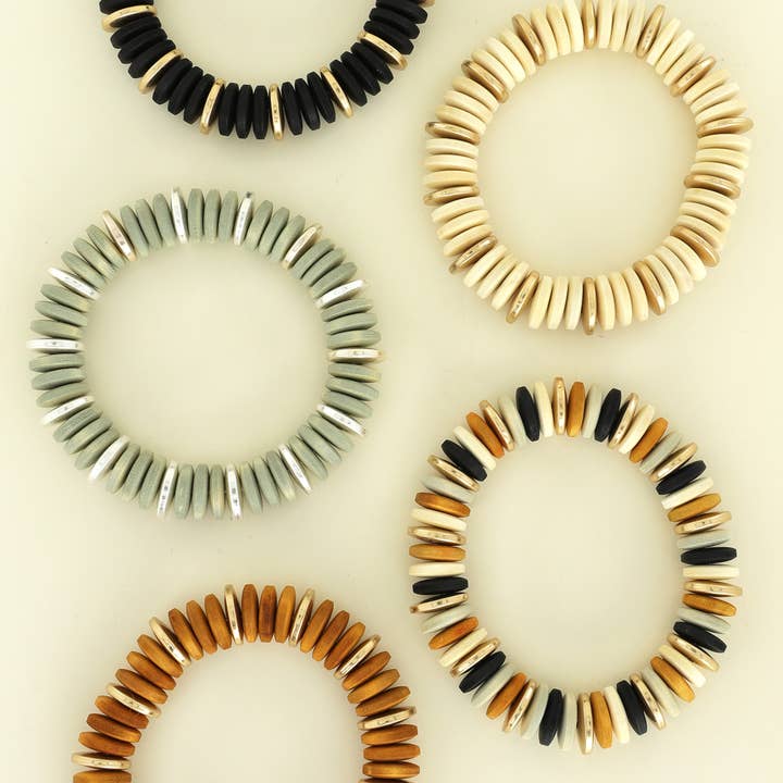 Bohemian Natural Wood Flat Disc Beaded Stretch Bracelet for wholesale by SP Sophia Collection