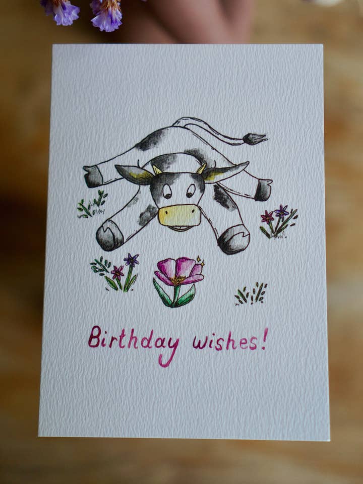 Birthday wishes - cow card for wholesale by Bowlt Studios