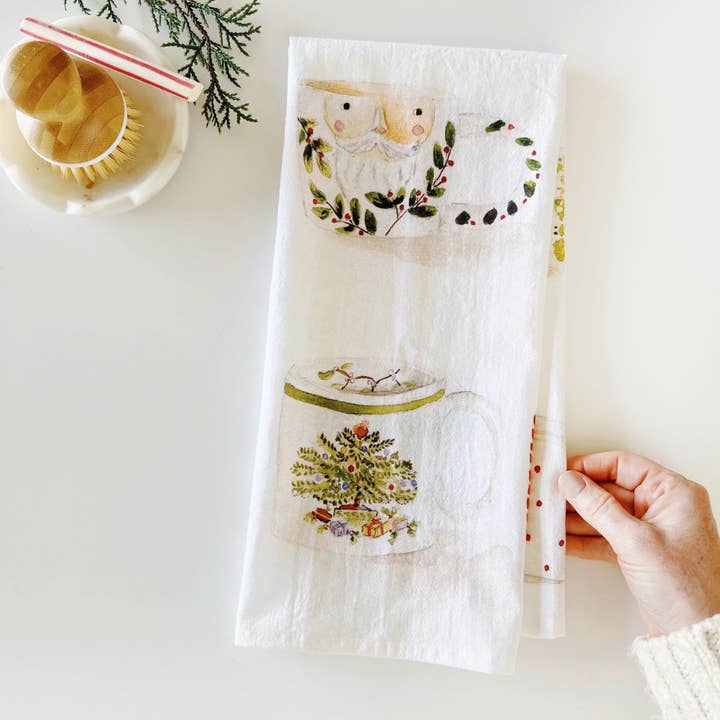 christmas mugs cotton flour sack tea towel for wholesale by emily lex studio