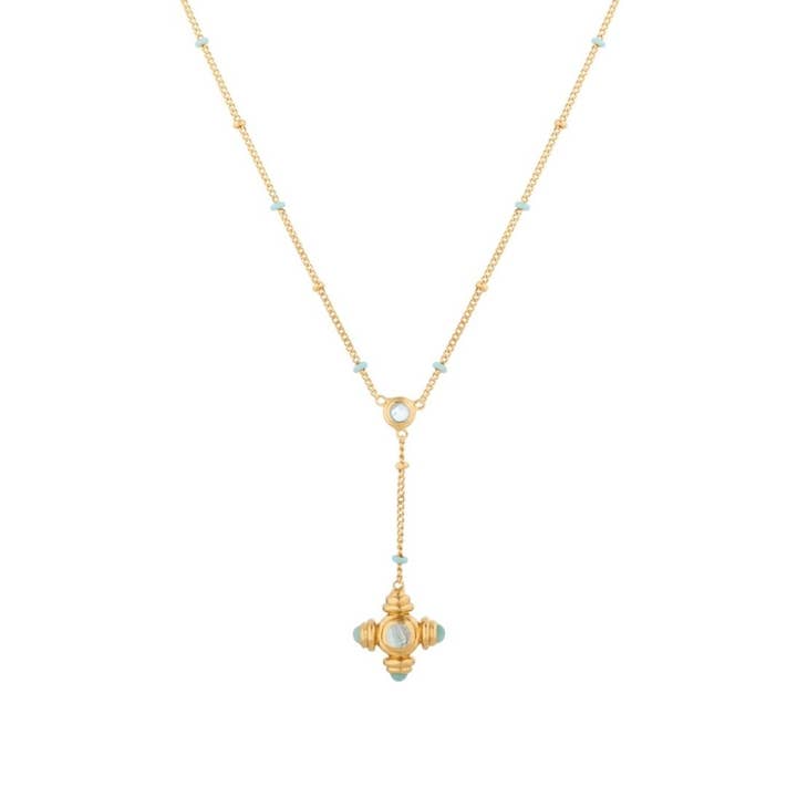 Blue Topaz Cross Gold Lariat Necklace for wholesale by Lulu B London