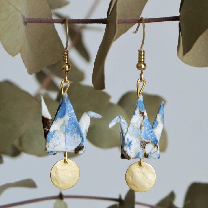 Origami earrings - Sequin cranes - Blue flowers for wholesale by Dix janvier