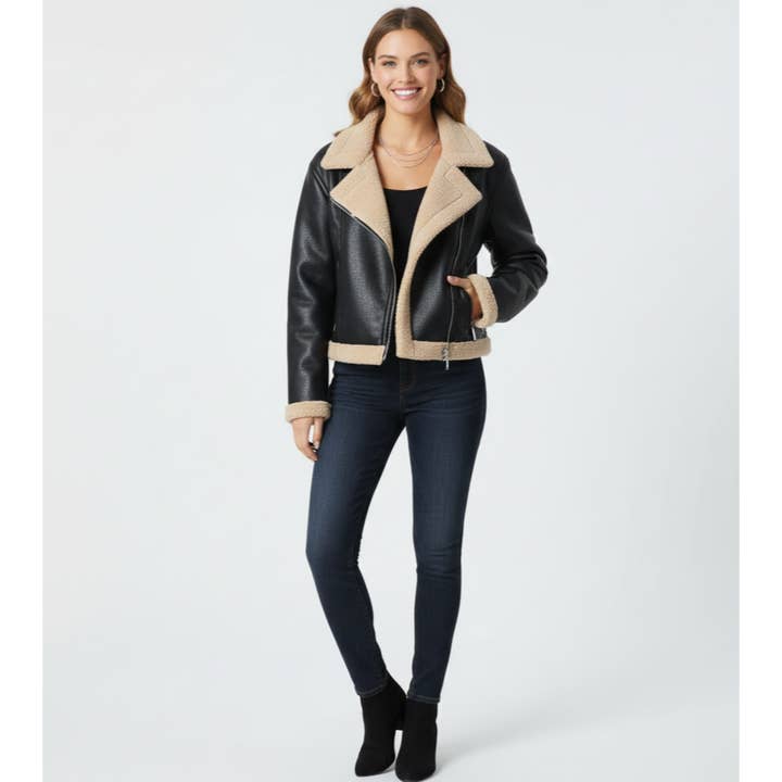 Women's Faux Shearing Fur Winter Coat Lined Moto Jacket | ELORA for wholesale by The Whole Shebang
