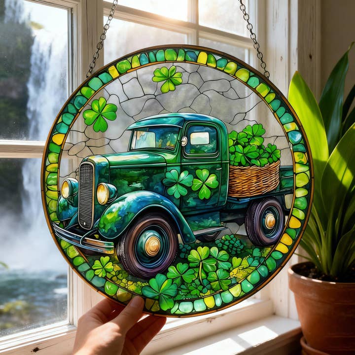 Vintage grøn lastbil glasmosaik solfanger, lykkelig kløver for engroshandel hos TMLECOM LTD