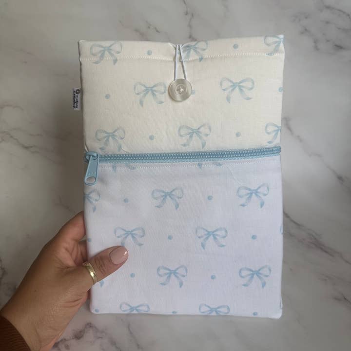 BABY BLUE BOWS book sleeve for wholesale by Angelica’s Design Co.