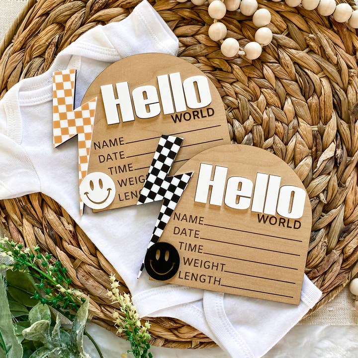 Hello World Birth Stat Sign - Checkered Bolt for wholesale by Claire and Bella