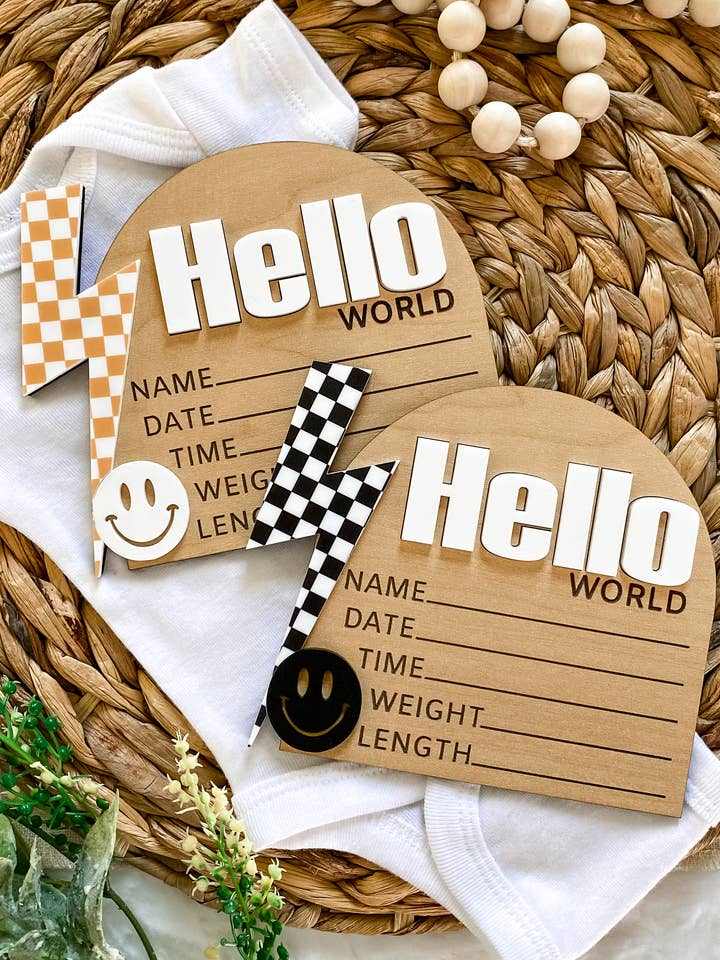 Hello World Birth Stat Sign - Checkered Bolt for wholesale by Claire and Bella
