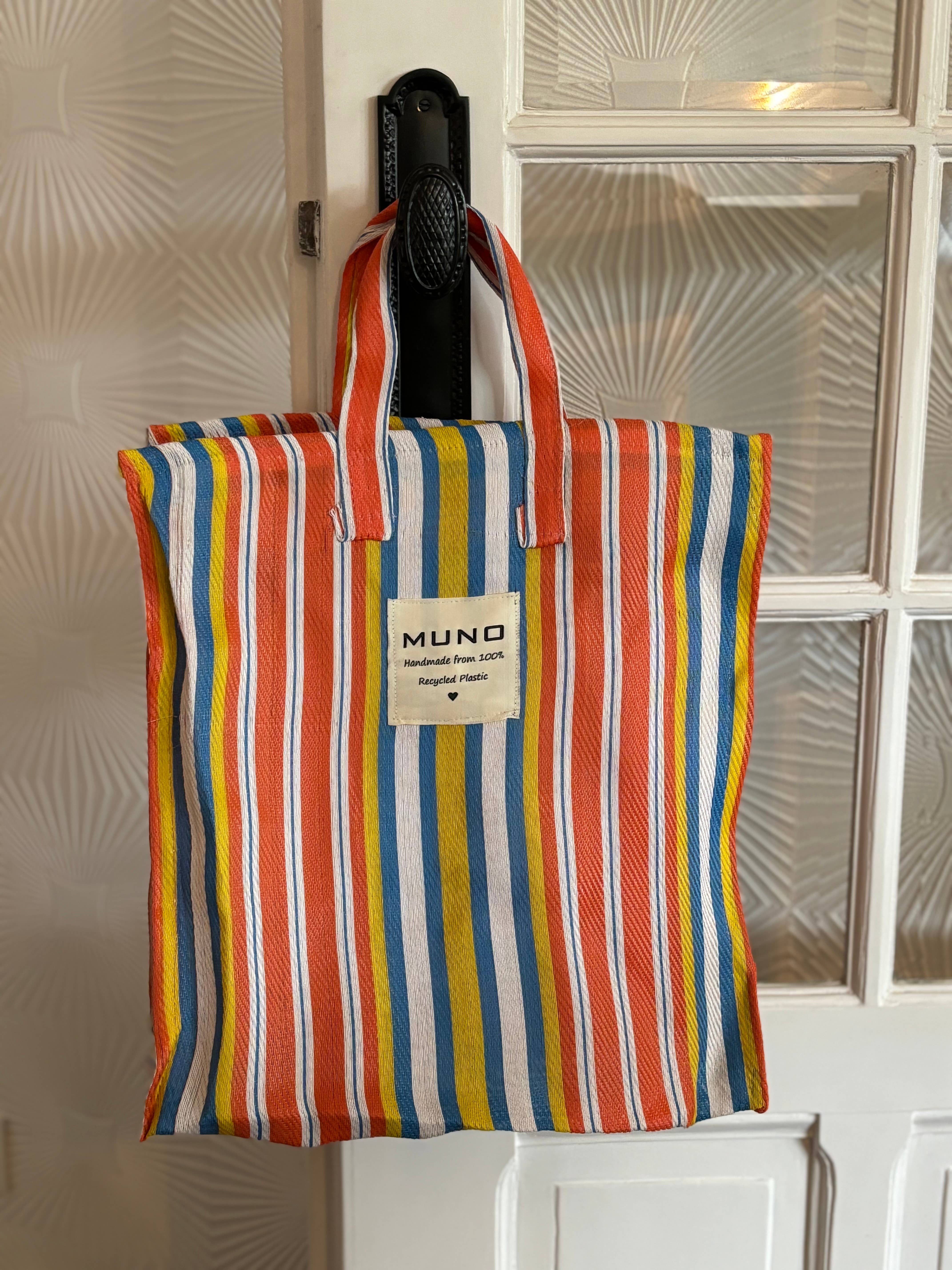 Muno - Vendita all'ingrosso Borsa per shopping/spesa - Borsa per la spesa in nylon riciclato fatta a mano - Arancione, giallo e blu3