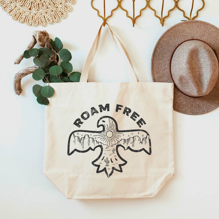 Roam Free Eagle with Desert Cactus Tote Bag 2 SIZES for wholesale by Love You a Latte Shop