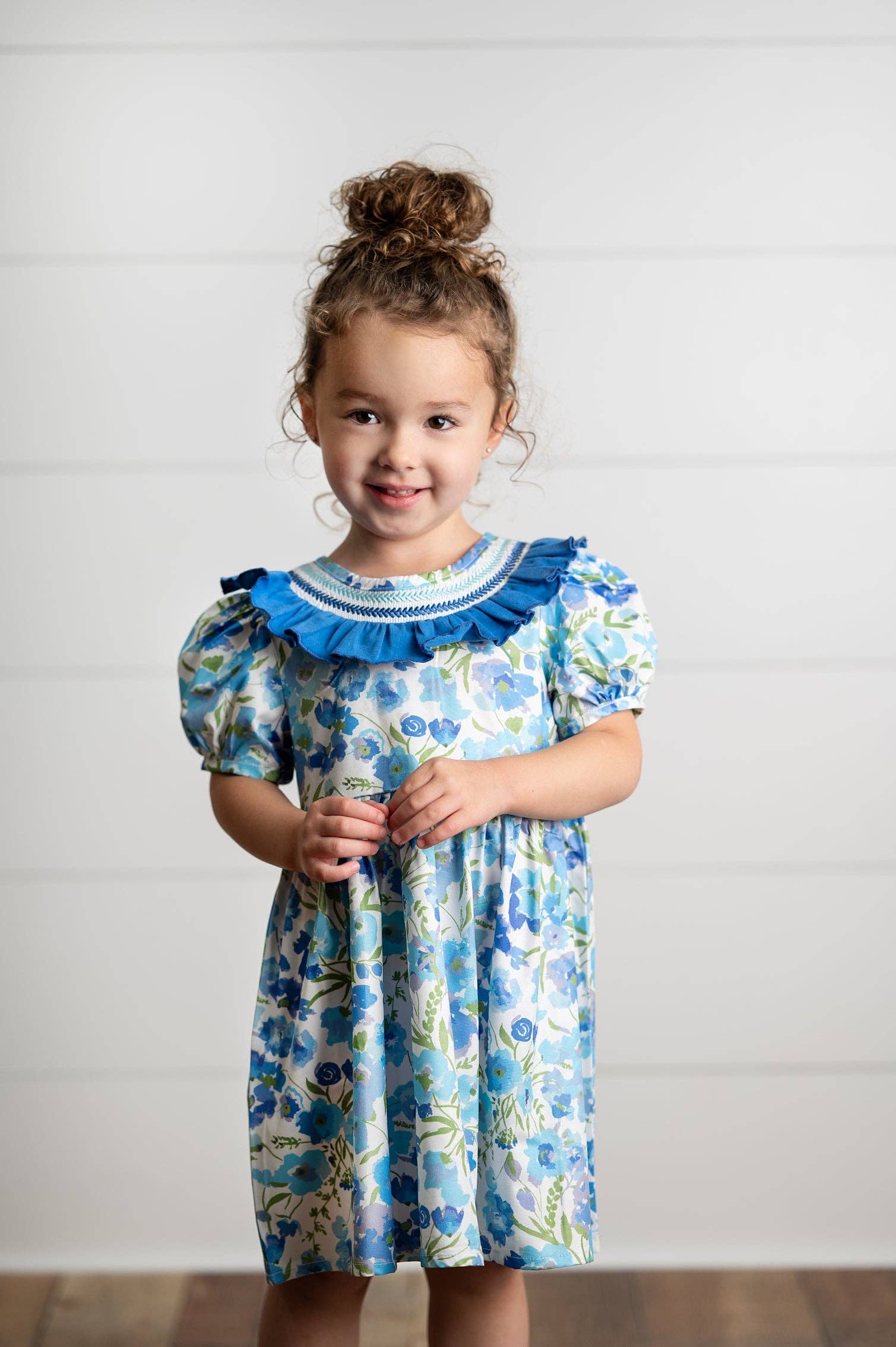 Wren & James - Wholesale Dress - Kids - Girls Blue Vintage Floral Embroidered Ruffle Dress5