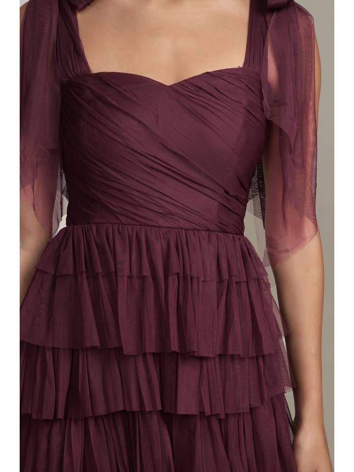Ophelia Tulle Maxi Dress with Tie Detail in Plum for wholesale on Faire7