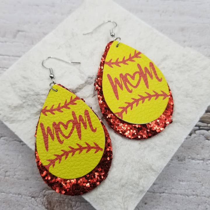 Glitter Baseball MOM Leather Earrings for wholesale by Treasure Wholesale