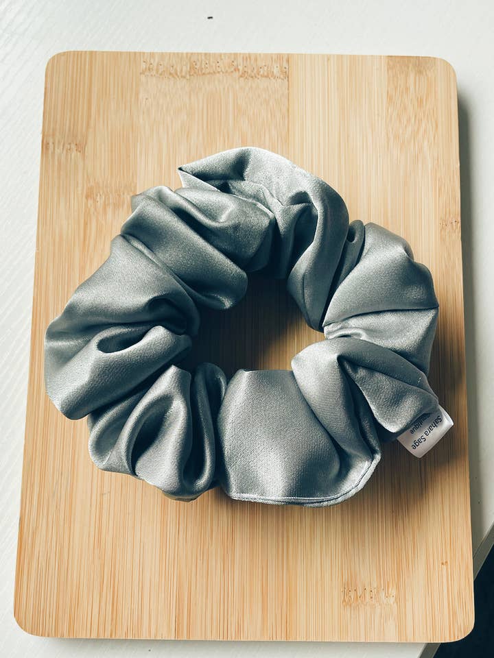 Dark Grey Satin Scrunchie, Handmade Silk Hair Accessories for wholesale by Sahara Sage Boutique