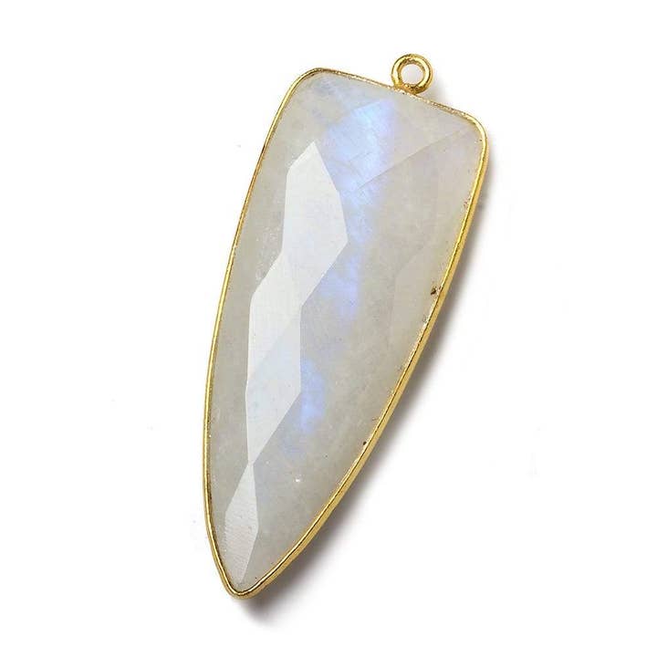 39x16mm Vermeil Bezel Rainbow Moonstone faceted point 1 focal bead for wholesale by Beads of Cambay