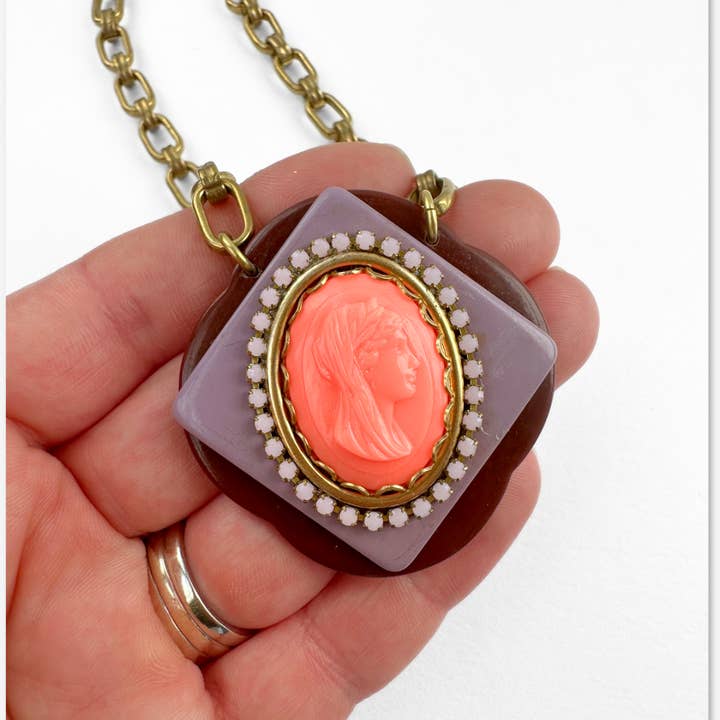 Lulu’s Petals - Wholesale Pendant/Charm Necklace - Coral, lavender, and chocolate refashioned vintage large layered cameo pendant necklace