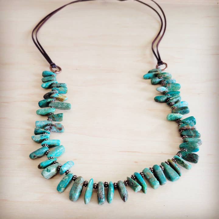 Natural Turquoise Stacked Stone Necklace with Leather Ties 263e for wholesale by The Jewelry Junkie