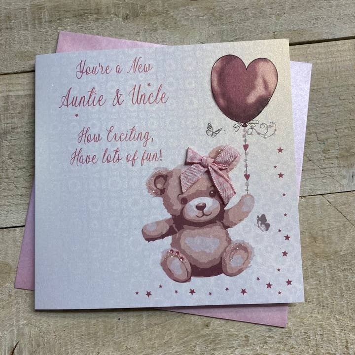 Neue Tante & Onkel - Babykarte - Rosa Teddy (B265) für den Großhandel von White Cotton Cards