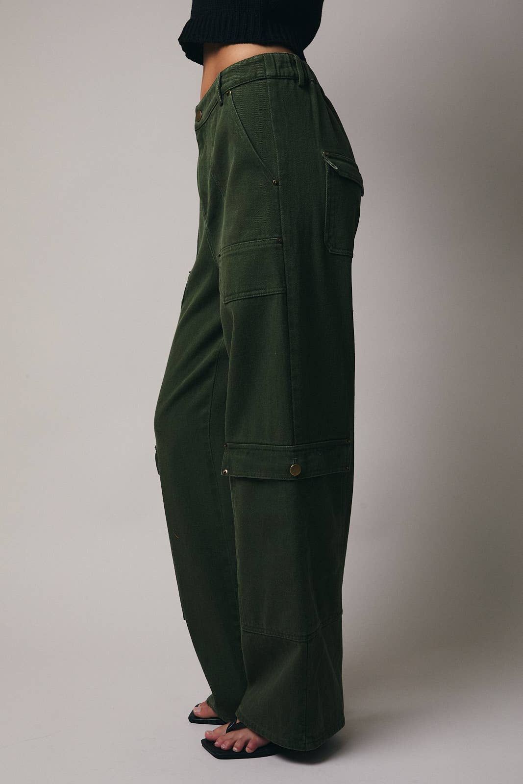 OLIVE RIVET DETAILED TWILL PANTS for wholesale on Faire2