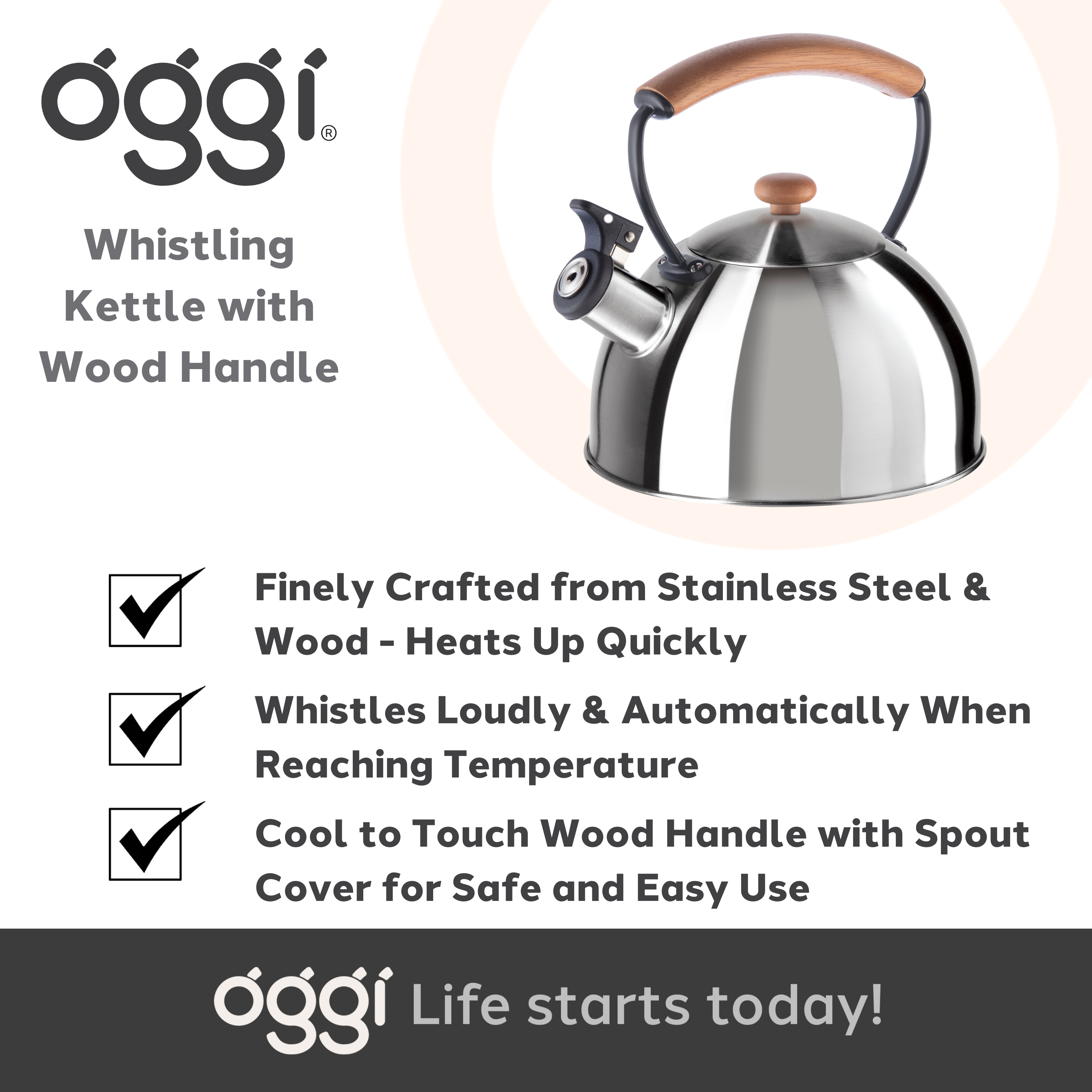 Oggi - Wholesale Kettle - Stovetop Kettle - Steel, Wood Handle, Whistle (1.9lt, 64oz)9