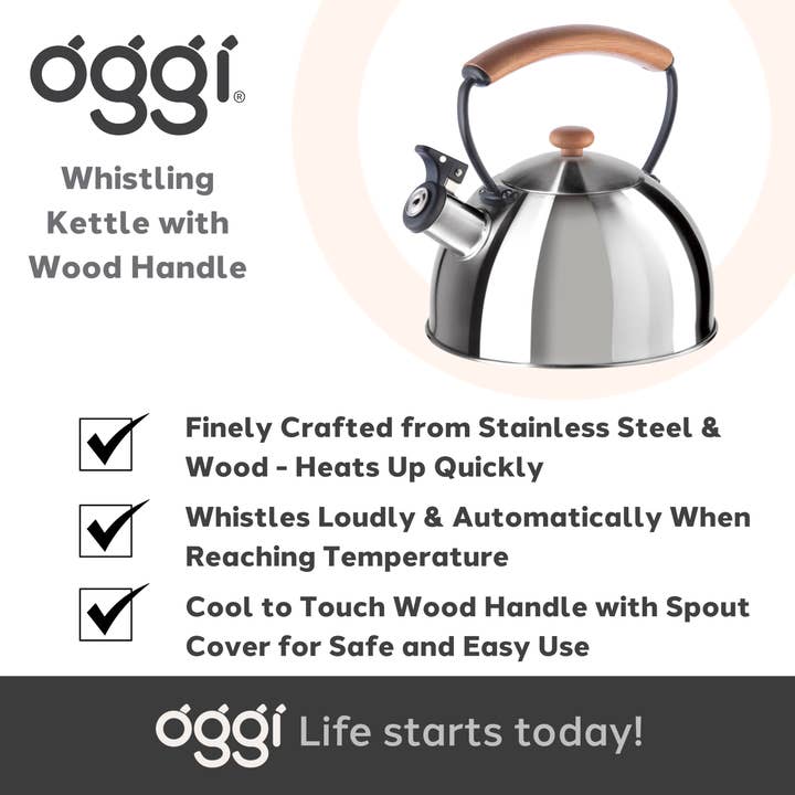 Oggi - Wholesale Kettle - Stovetop Kettle - Steel, Wood Handle, Whistle (1.9lt, 64oz)9