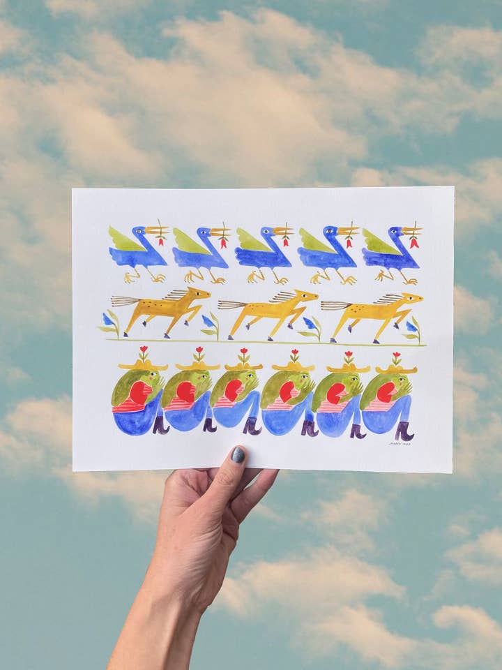 Blue Birds, Fast Horses, Whispering Ladies Giclee art print for wholesale by Maren Inga