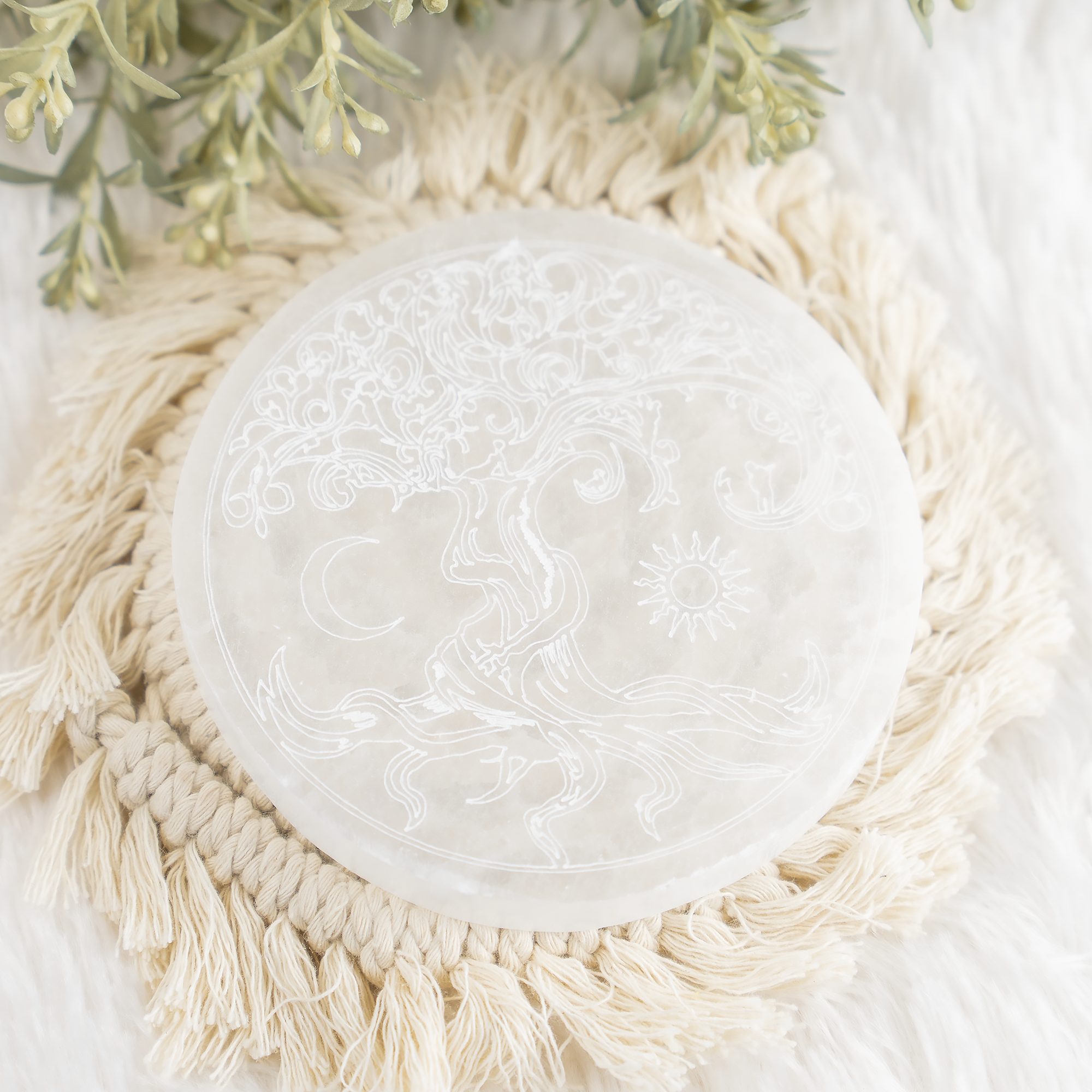Soothing Crystals - Wholesale Crystal Charging Plate -  4" Selenite Plate | Tree of Life Moon & Sun Selenite Plate7