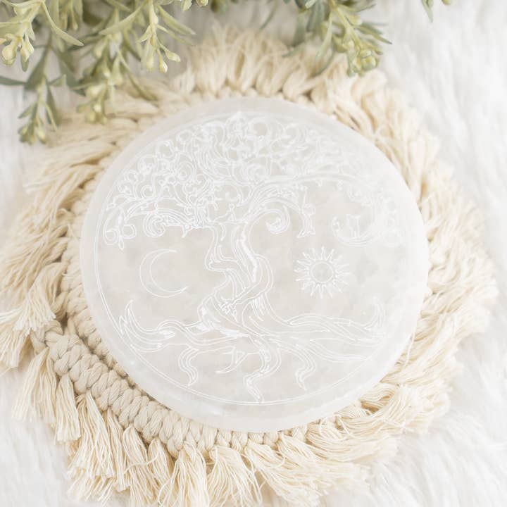 Soothing Crystals - Wholesale Crystal Charging Plate - 4" Selenite Plate | Tree of Life Moon & Sun Selenite Plate7