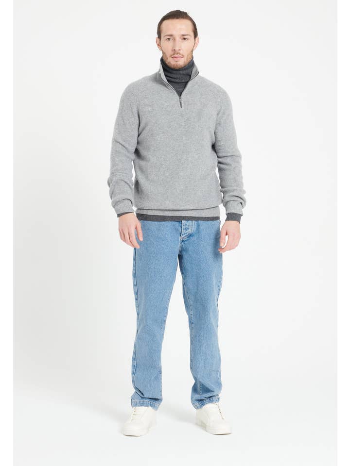 light grey ZACH 2 men's trucker sweater in cashmere for wholesale on Faire