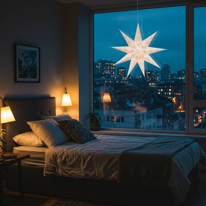 Artschatz LLC - Venta al por mayor Lámpara/farol de papel - Phoenix ~ 9P, 25" luz de estrella de papel blanco/gris
