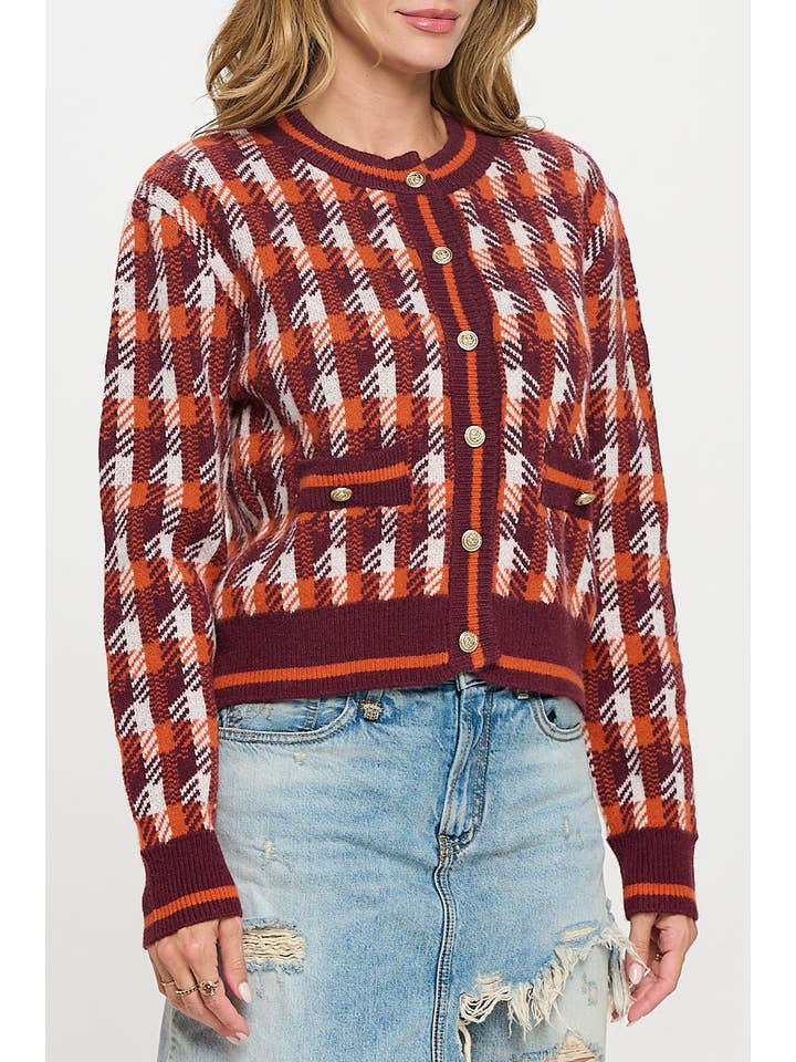 Rust Abstract Plaid Tweed Print Long Sleeve Cardigan with Button for wholesale on Faire