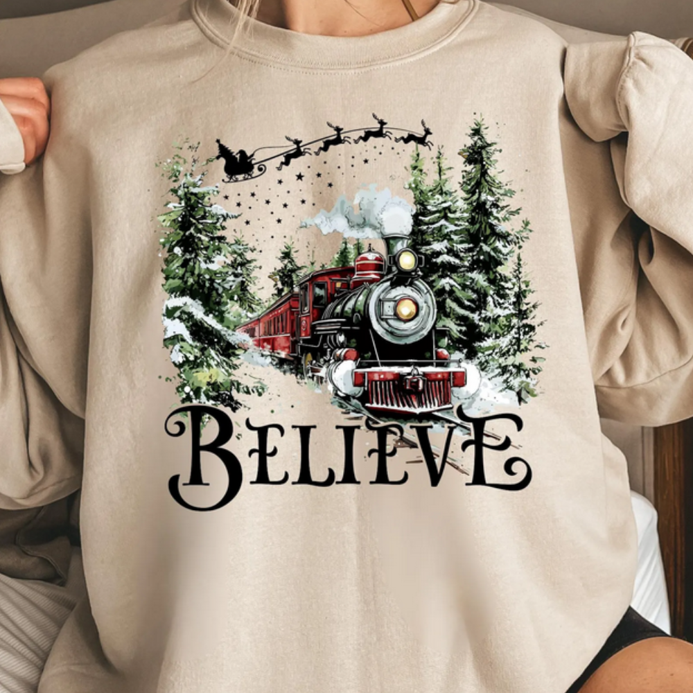 Eleven Fashion - Wholesale Graphic Sweatshirt - Women's - Believe Christmas Sweatshirt, Polar Train Holiday Pullover0