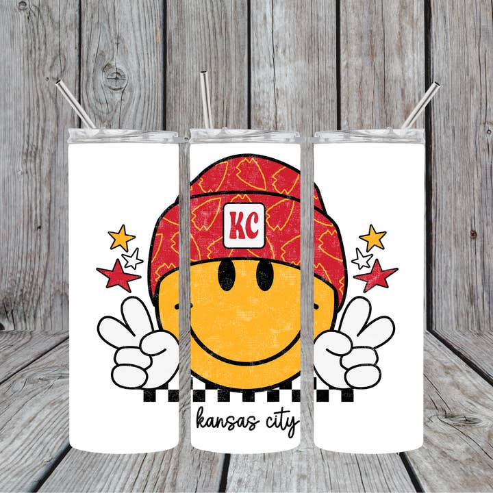 Kansas City Smiley Face Chiefs 20oz Skinny Tumbler for wholesale by Dogwood Graphics & Design