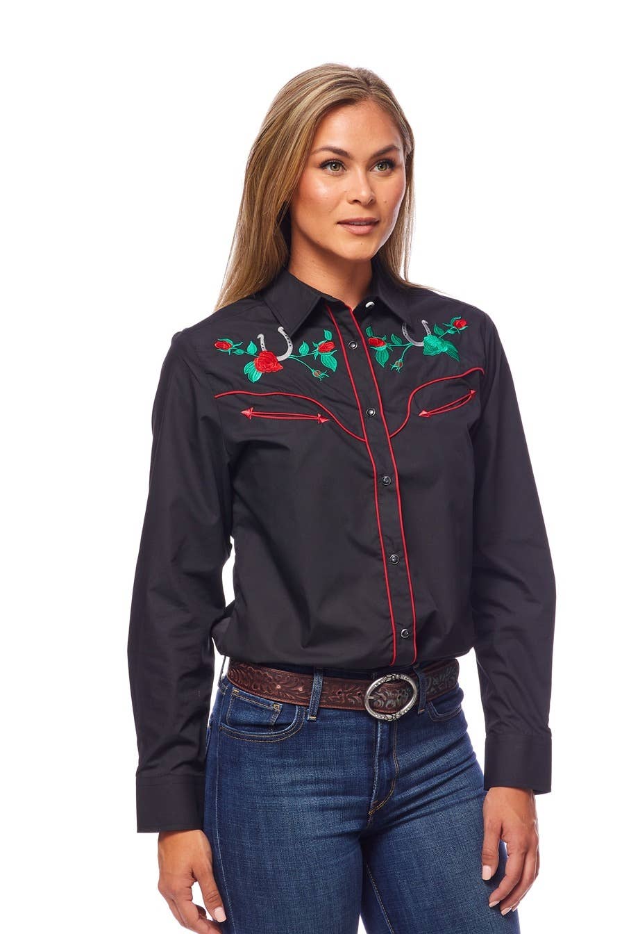 Rodeo Clothing - Vente Chemise à col boutonné – femme - Robe brodée à manches longues d'inspiration western pour femmes27