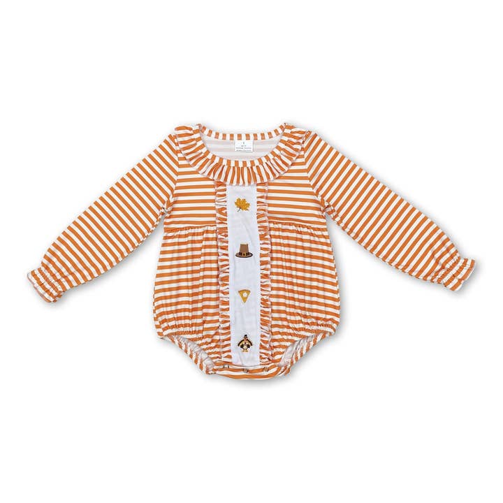 Stripe pumpkin pie turkey baby girls Thanksgiving romper for wholesale by Yawoo Garments