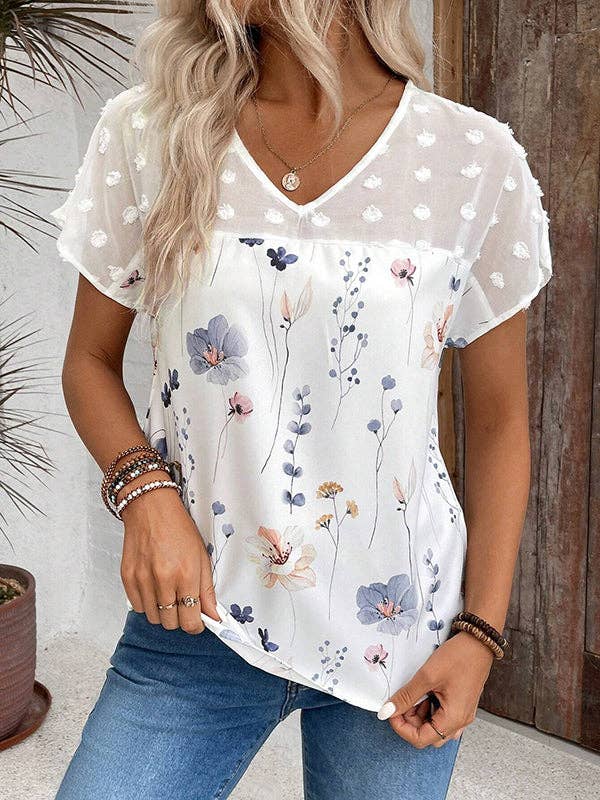 Loose Short Sleeves Flower Print Jacquard Split-Joint V-Neck T-Shirts Tops for wholesale by VividLux