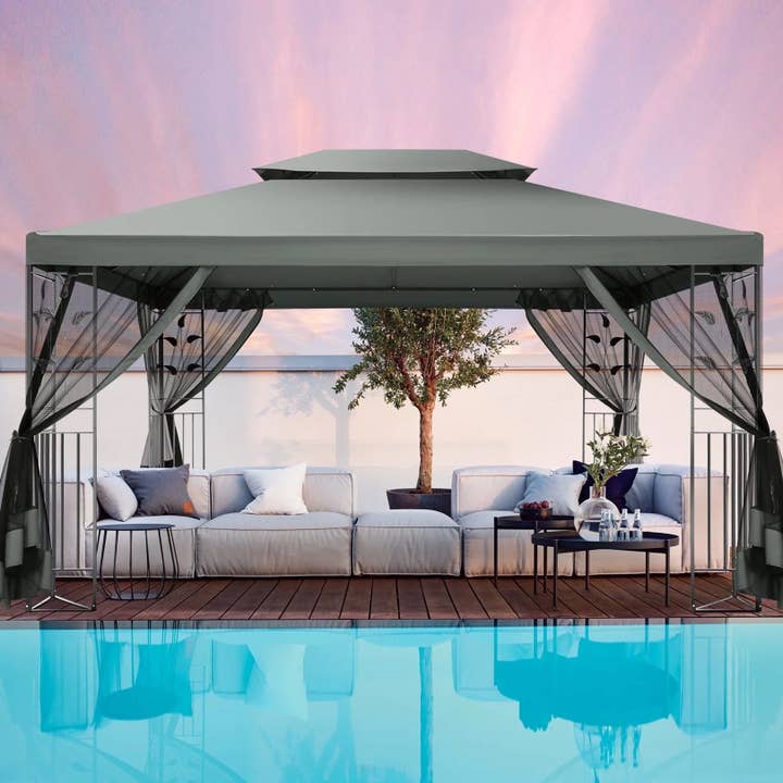 ShipItFurniture - Wholesale Tent - 10' X 13' Pop up Gazebo, Screened Patio Gazebo, Outdoor Steel Double Roof Canopy Tent, Metal Frame Canopy with Mosquito Netting, Sunshade for Garden, Lawns, Gray1