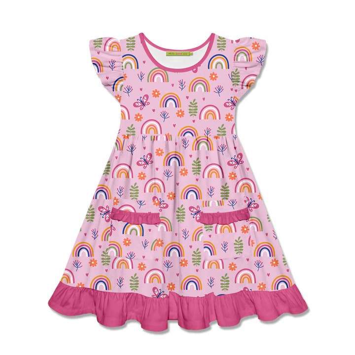 Kids Pink Rainbow Garden Patch-Pocket Angel-Sleeve Dress for wholesale by Millie Loves Lily