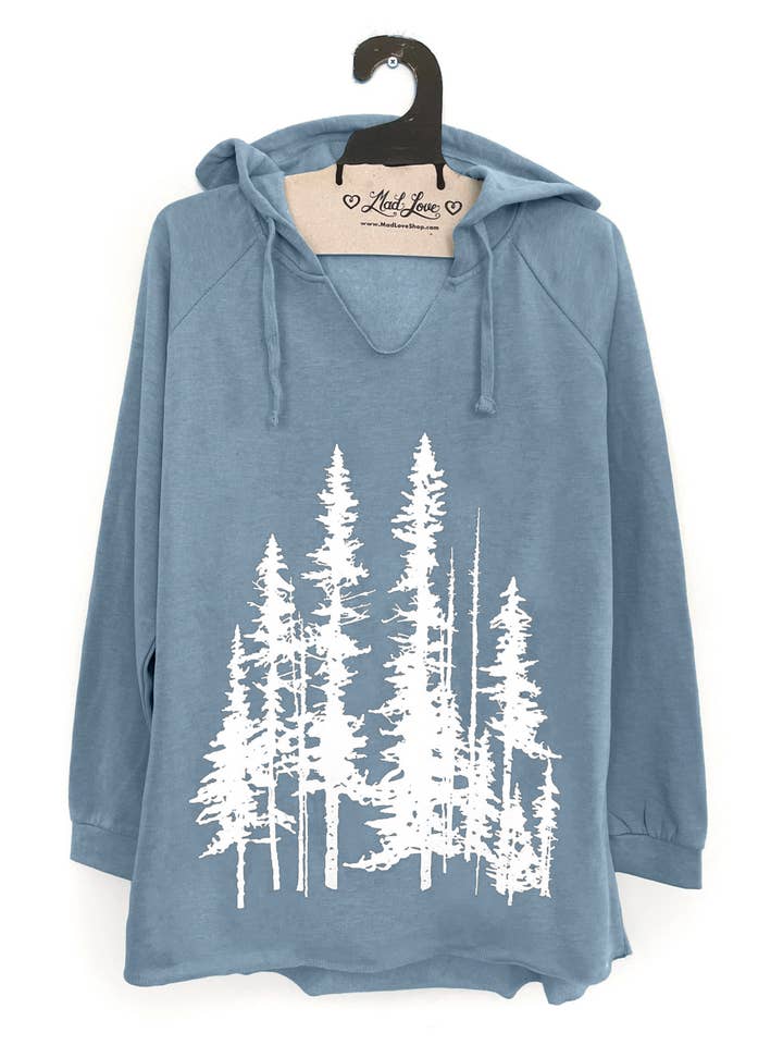 Mad Love Shop - Wholesale Hoodie - Women's - Sage Green Fleece V-Notch Beach Pullover Hood w/ Evergreens7