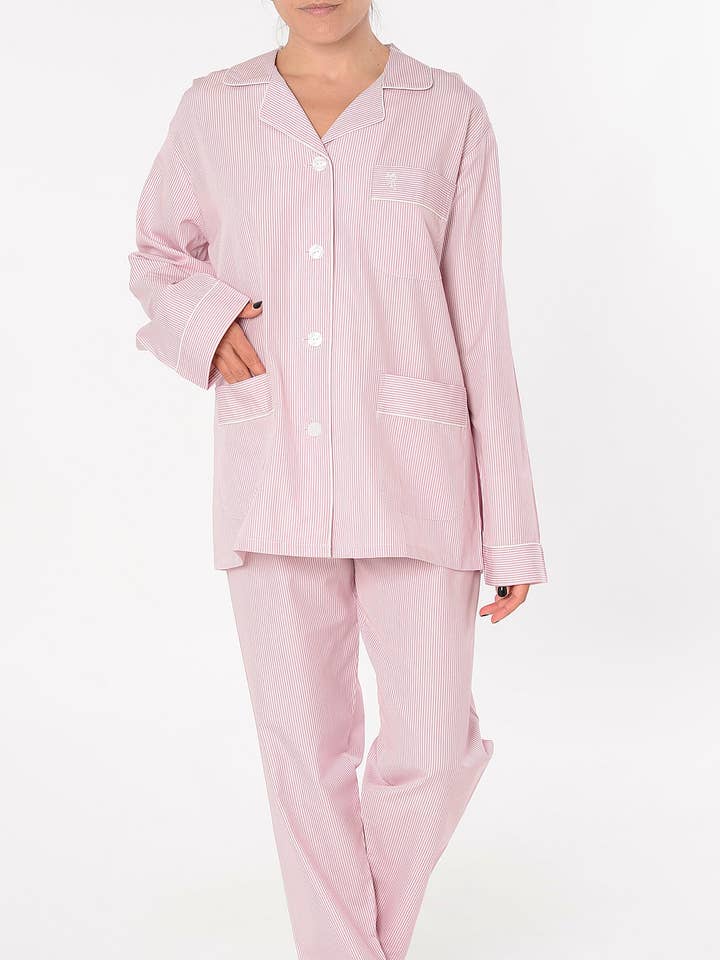Women's Long Lapel Striped Poplin Pajamas - Pink 0202 for wholesale by El Búho Nocturno
