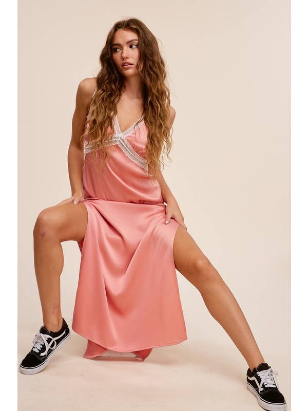 Rose Vintage Satin Lace Maxi Dress with Side Slits for wholesale on Faire