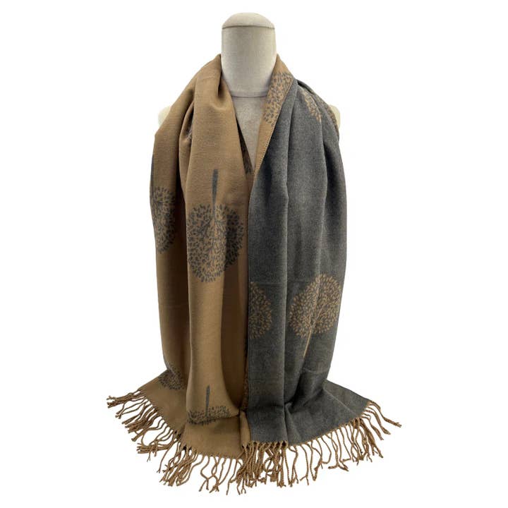 Tree of Life Ladies Tassel Scarf Khaki and Grey for wholesale by Strathurie