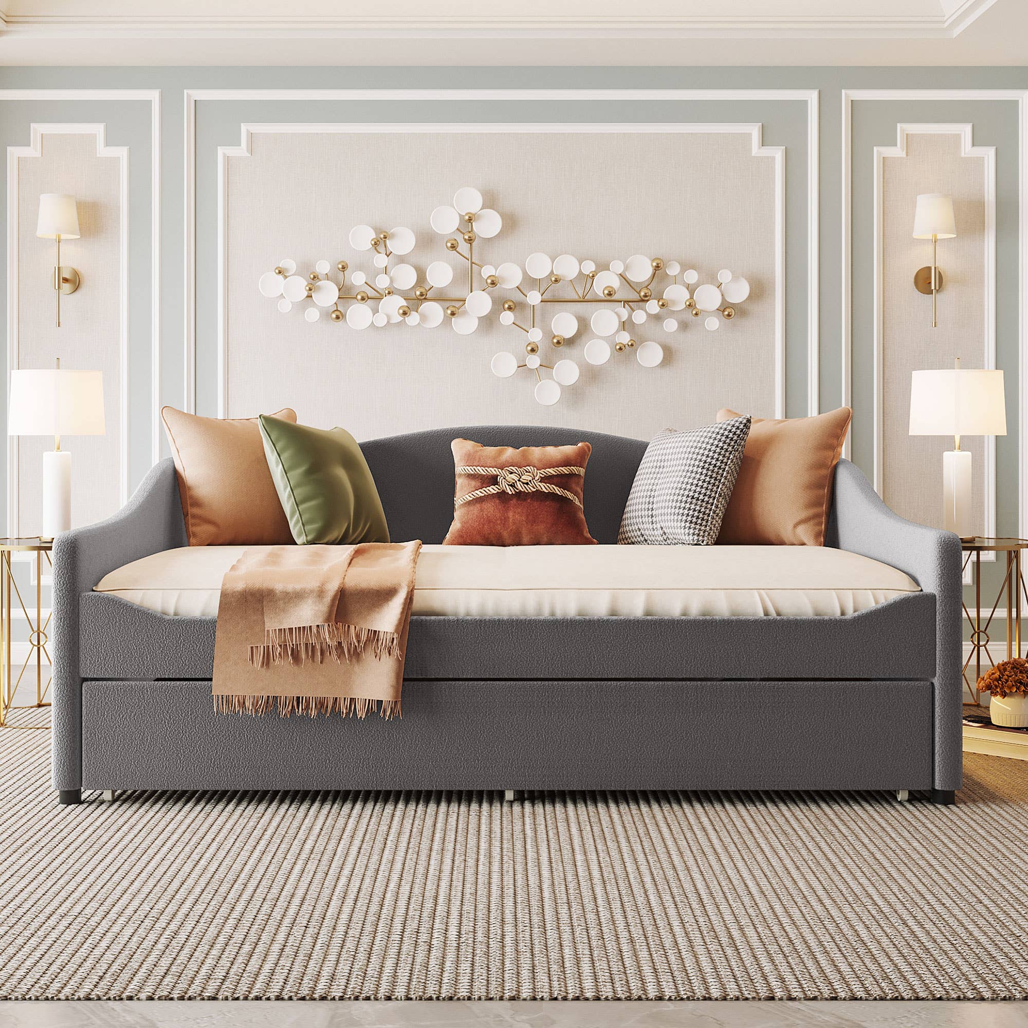 Gray Teddy Fleece Upholstered Daybed with Light and Trundle for wholesale on Faire1