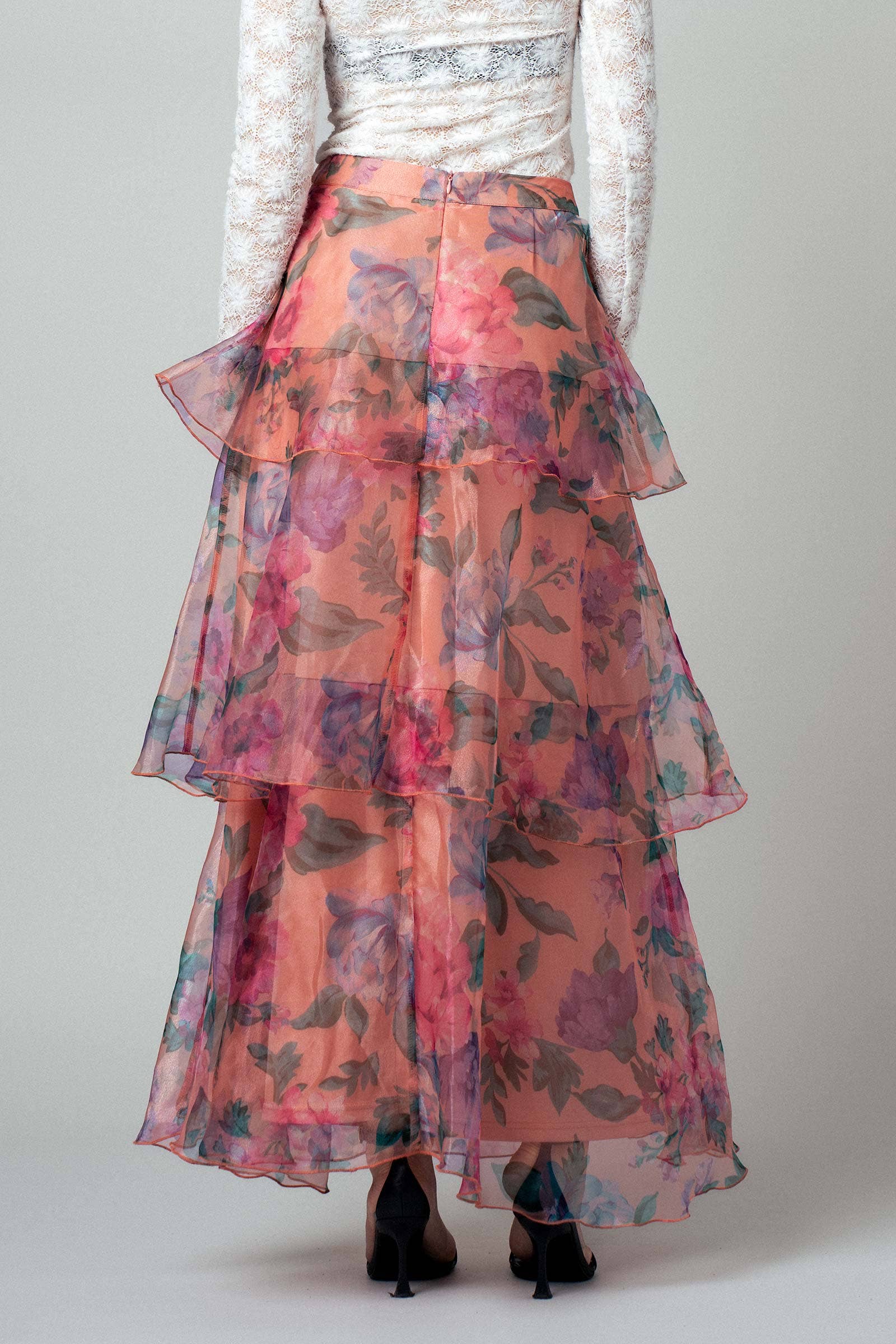 PEACH MULTI Sheer Floral Print Tiered Organza Maxi Skirt for wholesale on Faire4