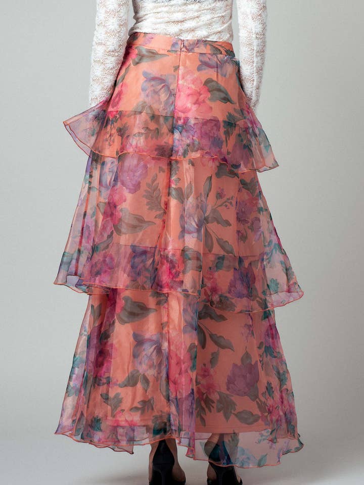 PEACH MULTI Sheer Floral Print Tiered Organza Maxi Skirt for wholesale on Faire4