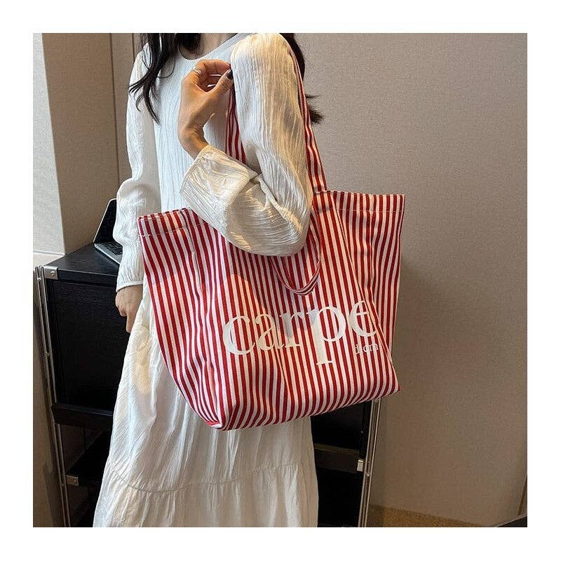 UZ Wholesale Store - Wholesale Tote Bag - Women's - Striped Letter Canvas Tote Bag with Large Capacity1