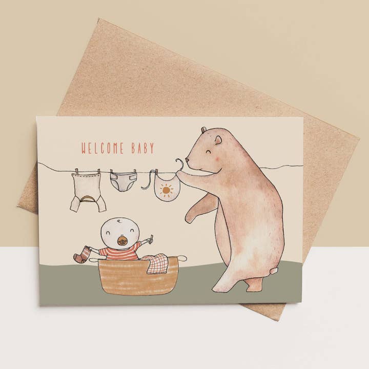 Card + Envelope - Bear With Baby Laundry Basket for wholesale by Bodesigns